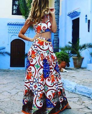 Women Boho Two Piece Set Summer Dress Vintage Printed Pad Crop Top Sexy Maxi Dress Plus Size Elegant Beach Dresses Long Vestidos