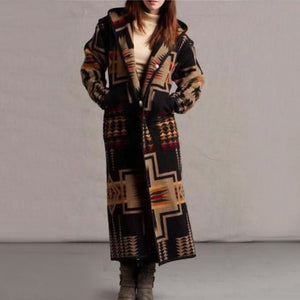 Women Elegant Geometric Print Hooded Coats Fashion Button Pocket Warm Long Cardigan Mujer Autumn Winter Vintage Overcoat Trench