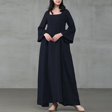 Load image into Gallery viewer, Women Spring/Autumn Dress Vintage Square Collar Long Flare Sleeve Sundress Loose Party Dresses Robe Casual Cotton Linen