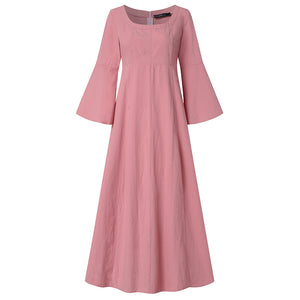 Women Spring/Autumn Dress Vintage Square Collar Long Flare Sleeve Sundress Loose Party Dresses Robe Casual Cotton Linen