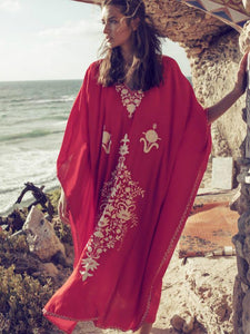 Boho Style Red Embroidered Robe Beach Dress