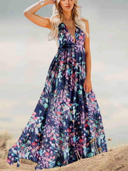 Backless Spaghetti-neck Floral Maxi Dress