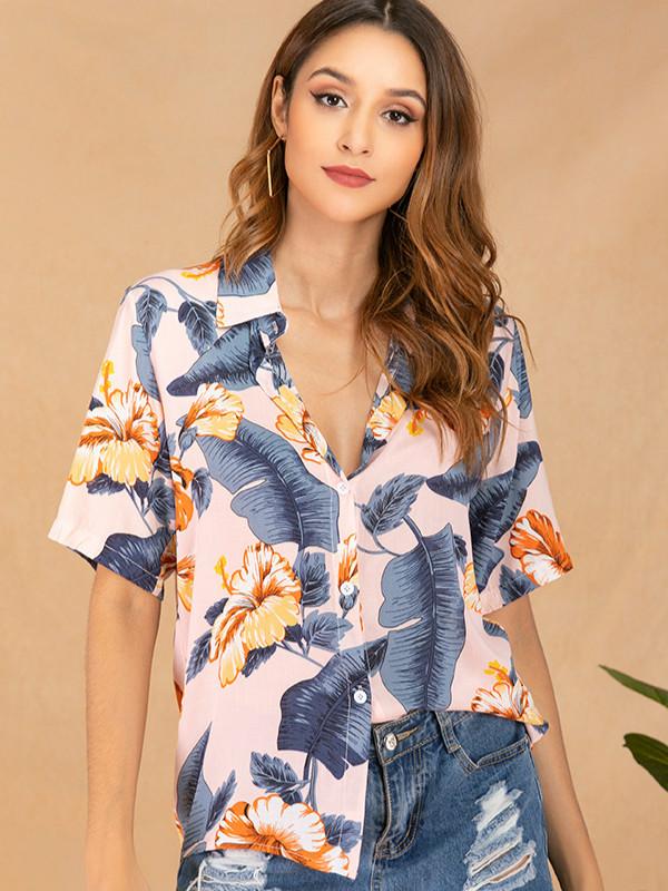 Women's summer Lapel print single breasted shirt