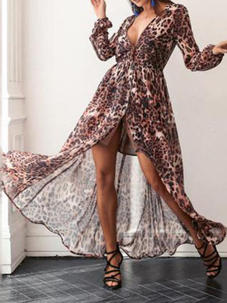Fashion V-neck Leopard Print Maxi Dress