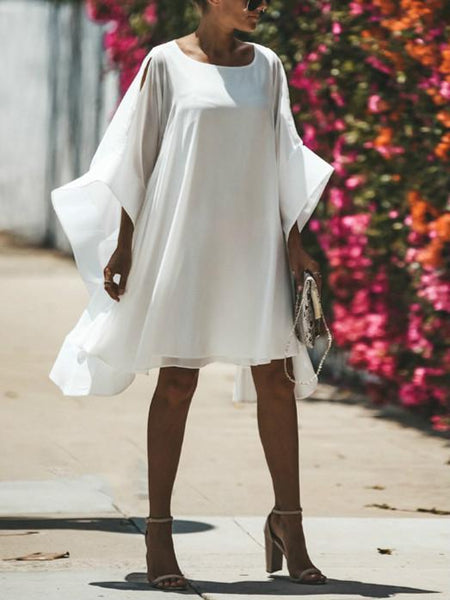Hollow Bat Sleeve  Loose Large Size Solid Color Dress