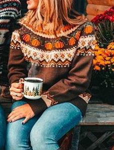 Printed Euro American tight knit holiday Pullover Brown crew neck knitted sweater
