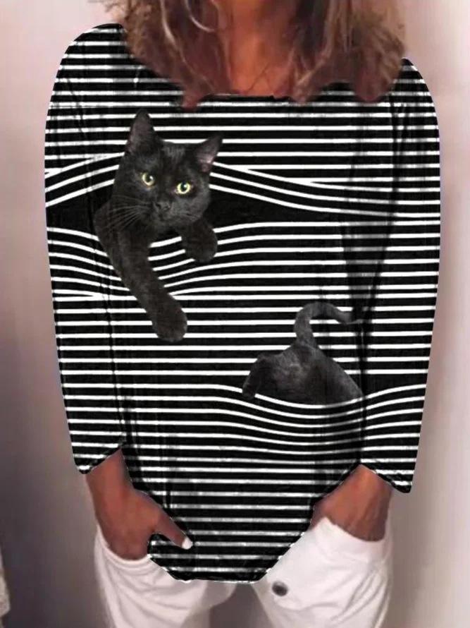 Cat Print Round Neck Long Sleeve Women's T-shirt