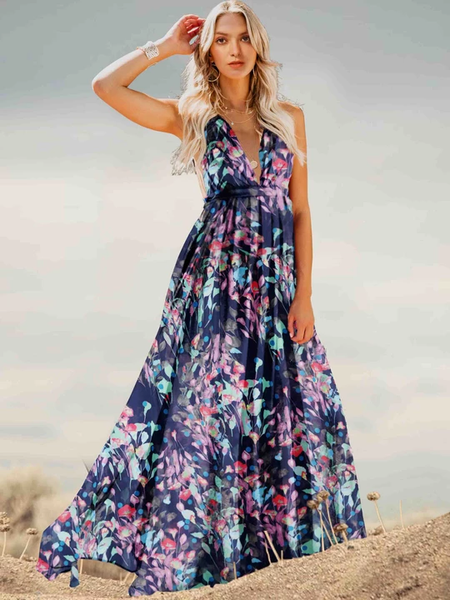 Backless Spaghetti-neck Floral Maxi Dress