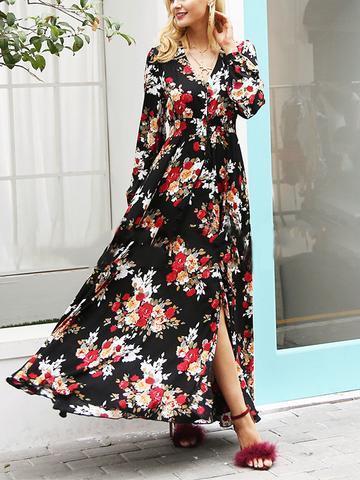 Bohemia Long-sleeve Split-Side Floral Maxi Dress