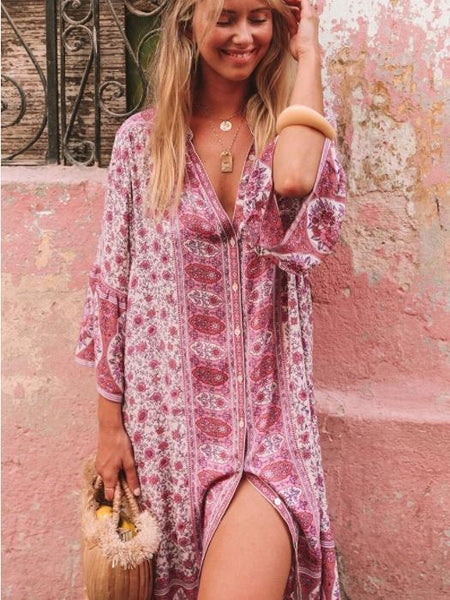 Loose Floral Print Bohemian Button Gypsy Party Midi Dress