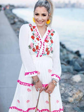 Load image into Gallery viewer, Floral Embroidered Hippie White Long Sleeve Pompom Maxi Dress