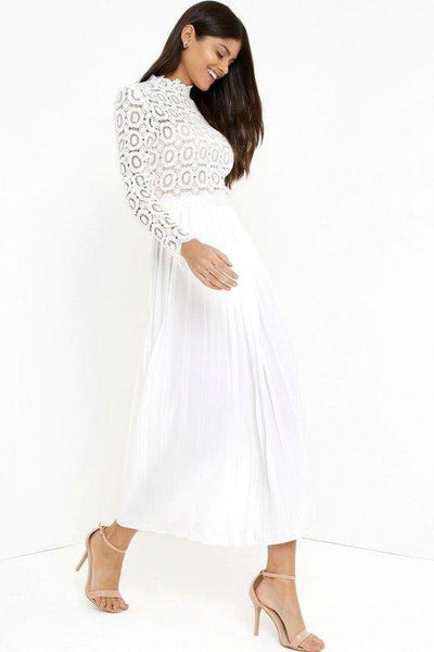 White Lace Splice Long Sleeve Maxi Dress