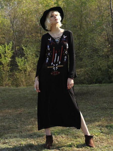 Bohemia Embroidery Long Sleeve Side Split Maxi Dress