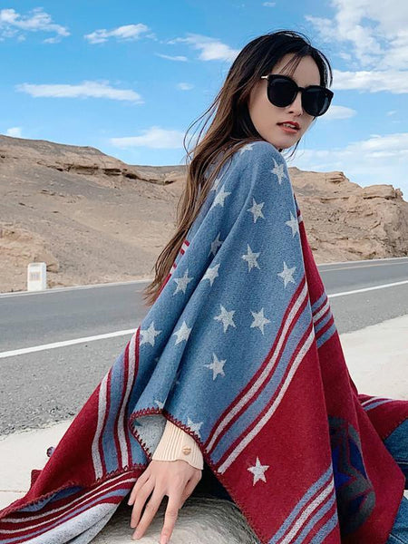 Ethnic style stars imitation cashmere split cloak shawl female autumn and winter fashion thick striped travel striped shawl scarf
