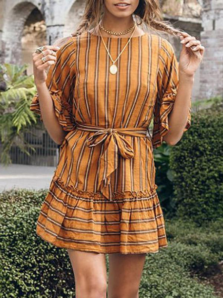 Fashion Striped Puff Sleeves Mini Dress