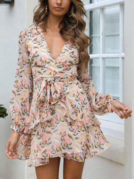 V Collar Long Sleeved Printed Irregular Lotus Leaf Edge Dress
