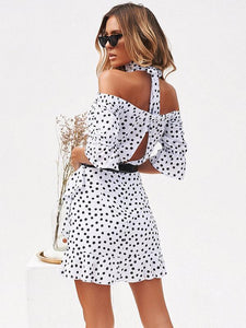 Off-the-shoulder Polka-dot Mini Dress