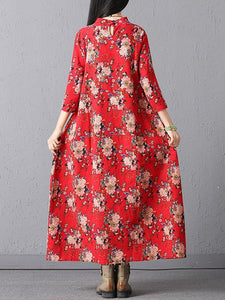 Casual Loose Floral Printed Stand Collar Women Dresses