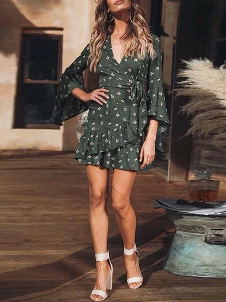 Printed Flared Sleeves V-Neck Mini Dresses