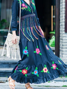 Boho Gypsy Floral Embroidery V Neck Maxi Dress