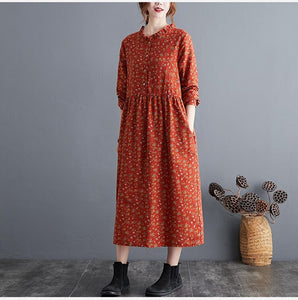 long sleeve cotton linen ruffle vintage floral dresses for women casual loose woman spring autumn dress elegant clothes