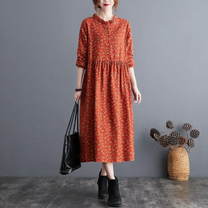 long sleeve cotton linen ruffle vintage floral dresses for women casual loose woman spring autumn dress elegant clothes