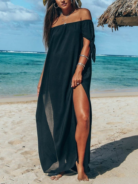 Sexy Off-The-Shoulder Solid Color Irregular Split Beach Dress