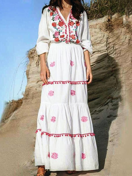 Floral Embroidered Hippie White Long Sleeve Pompom Maxi Dress