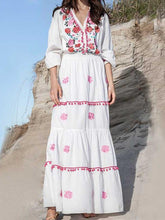 Load image into Gallery viewer, Floral Embroidered Hippie White Long Sleeve Pompom Maxi Dress