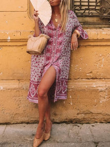 Loose Floral Print Bohemian Button Gypsy Party Midi Dress