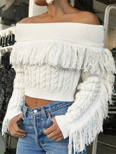 Load image into Gallery viewer, Tassel White Knitted Long Sleeve Sexy Pullover Short Sweater