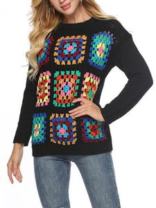 Boho Handmade Square Pattern Knit Stiching Sweater