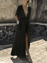 Load image into Gallery viewer, Solid Color V Neck Short Sleeve Split Maxi Dress