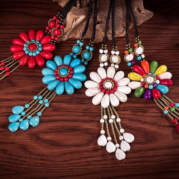 Women Boho Long Natural Stone Tassel Flower Vintage Ethnic Style Statement Necklace - hiblings