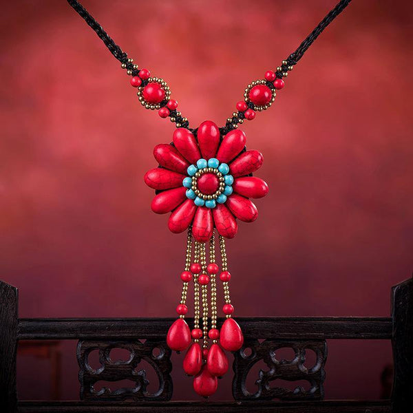 Women Boho Long Natural Stone Tassel Flower Vintage Ethnic Style Statement Necklace - hiblings