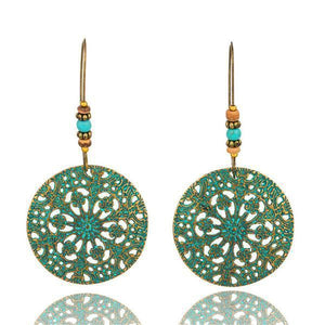 Hollow Round Flower Pattern Bohemian Statement Exaggerated antique Green metal Earrings
