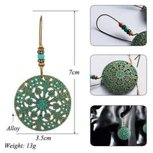 Load image into Gallery viewer, Hollow Round Flower Pattern Bohemian Statement Exaggerated antique Green metal Earrings