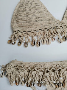 Solid crochet bikini set Shell tassels bikini Brazilian crochet swimsuit women halter swimwear strappy bikinis
