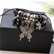 Load image into Gallery viewer, 1PCS Fashion Women Men Vintage Multilayer Butterfly Wood Bead Leather Braided Strand Bracelet