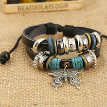 Load image into Gallery viewer, 1PCS Fashion Women Men Vintage Multilayer Butterfly Wood Bead Leather Braided Strand Bracelet
