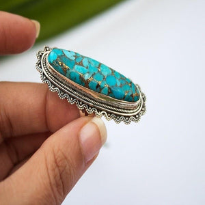Vintage Look Tibet Alloy Antique Silver Plated Personality Green Oval Turquoise Ring