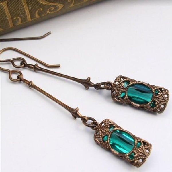 Long Blue Green Stone Dangle Women Bohemian Jewelry Antique Drop Earrings