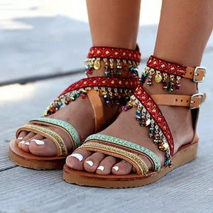 Summer women beach flats sandals handmade string bead bohemian ladies shoes