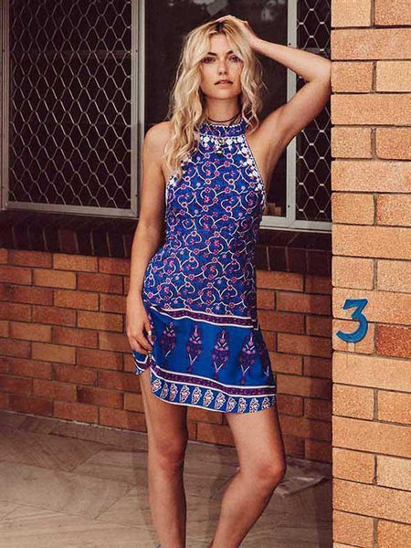 Sexy Floral Halter Neck Backless Mini Dress