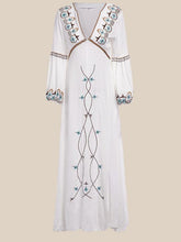 Load image into Gallery viewer, Boho Dress Floral Embroidery White V-Neck Lantern Sleeve Maxi Dress