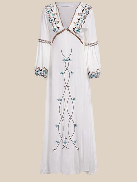 Boho Dress Floral Embroidery White V-Neck Lantern Sleeve Maxi Dress