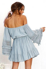 Load image into Gallery viewer, Sexy One-Shoulder Lace Stitching Trumpet Sleeves Off-Shoulder Dress