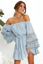 Load image into Gallery viewer, Sexy One-Shoulder Lace Stitching Trumpet Sleeves Off-Shoulder Dress