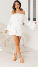 Load image into Gallery viewer, Sexy One-Shoulder Lace Stitching Trumpet Sleeves Off-Shoulder Dress