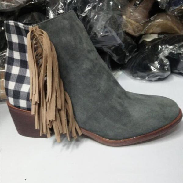 Women Ankle Boots Chunky Mid Heels Pumps Matin Vintage PU Tassel Shoes